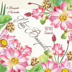 lotus clipart flowers watercolor bouquets and wreaths. instant download clip art