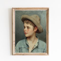 CANVAS ART PRINT | Antique Victorian Oil Painting Portrait of Young Boy in Hat | Boy With a Hat Art Print | Boy Portrait