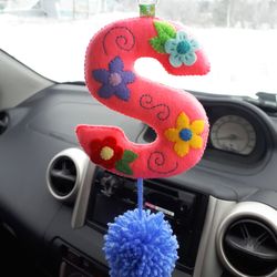 Initial ornament, Mexican embroidery, Mexican decor, Tassel, Car accessories for women rear view mirror, Felt flowers