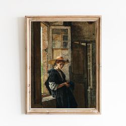 canvas art print | a lady with straw hat by the window oil painting | vintage woman portrait | antique oil art | female