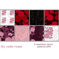 8 Vector floral seamless patterns of roses, EPS