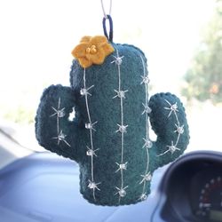 Cactus ornament, Car accessories for women, Rear view mirror accessories, Felt ornaments, Boho keychain, Fake plant
