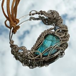 Large blue Labradorite pendant for woman. Unique wire wrapped silver necklace. Valentine's Day gift from me to a girl