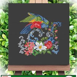 Embroidery scheme Parrot on a curl / Vintage Cross Stitch Scheme Flower Basket