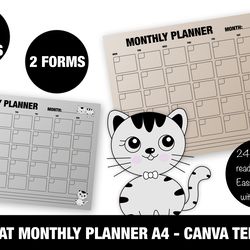 Kitty cat monthly planner A4 - Canva template