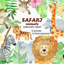 Safari Watercolor Clipart, Jungle Animals.