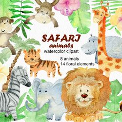 safari watercolor clipart, jungle animals.