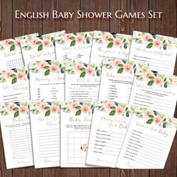 Pink Floral Baby Shower Games Bundle, Baby Shower Theme Party, Baby Games, Wishes for Baby, Scramble, Advice Printable