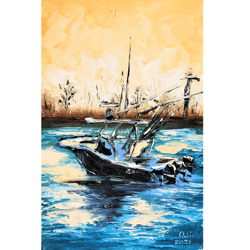 Boat Painting Seascape Original Artwork Oil Painting 12 by 8 inch by Oksana Stepanova