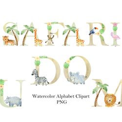 Watercolor safari animals alphabet, letter wall decor.