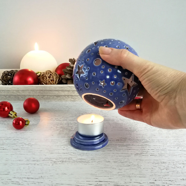 Christmas Star Ceramic Lantern, Blue Pottery Tea Light Holder for Holiday Table Centerpiece (5).jpg