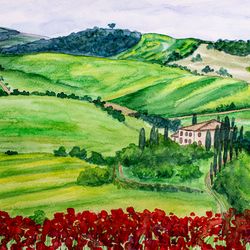 Tuscany vineyards original watercolor painting italian nature landscape wall art farmhouse wine country artwork