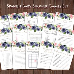 Blush Navy Juegos de Baby Shower, Floral Spanish Baby Shower Games, Pink Navy Juegos para Baby Shower, Juegos Printable