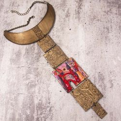 Klimt Statement necklace geometrical Bib necklace wearable art contemporary jewelry long necklace