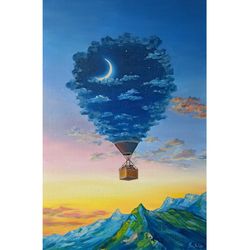 Hot Air Balloon Painting Surrealism Canvas Oil Painting Journey Original Art 24 by 16 Clouds Wall Art Mountain Artwork