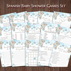 Blue Teddy Bear Juegos de Baby Shower, Boy Spanish Baby Shower Games, Nino Juegos para Baby Shower, Juegos Printable