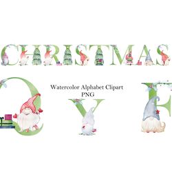 Watercolor alphabet clipart, Christmas gnomes.