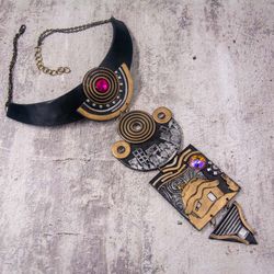 Black Statement necklace geometrical gold and silver Bib necklace wearable art contemporary jewelry long necklace