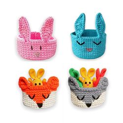 Crochet PATTERNS basket, Crochet animals basket fox, wolf, bunny