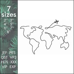 World map Embroidery Design, air travel globe, airbus, 7 sizes