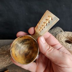 Handmade wooden coffee scoop from natural willow wood with decorated handle tinted with charcoal