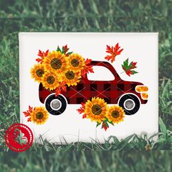 Thanksgiving Truck Buffalo plaid print Sublimation designs Sublimate print Sunflowers Leaves Yellow flower