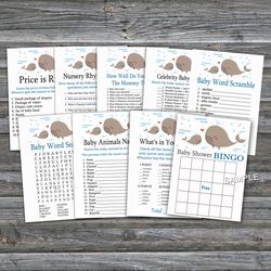 Whale baby shower games bundle,Under the sea Baby Shower games package,Fun Baby Shower Games,9 Printable Games-205