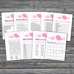 Pink Whale baby shower games bundle,Under the sea Baby Shower games package,Fun Baby Shower Games,9 Printable Games-204