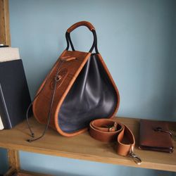 Leather bucket bag Large size black & brown color Drawstring bag handcrafted