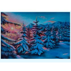 Winter evening in the mountains. Dry pastel on pastel paper. Original.