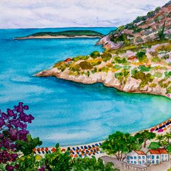 Elba island original watercolor painting Italy coast landscape Tuscany beach artwork Mediterranean island wall art