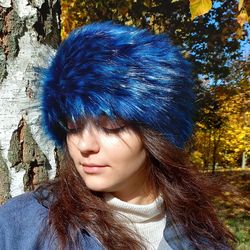 Headband made of faux fur. Blue fluffy headband for women. A gift for girlfriend, mother, sister. Cute warm fur headband