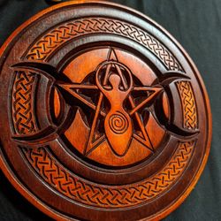 altar goddess three moon, wooden magic plaque, pagan altar, wooden magic pentagram, altar plaque, altar tile, pentagram