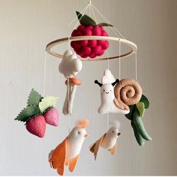 Girl baby mobile- Big raspberry- forest birds, snail, mushrooms green peas, strawberries- baby nursery decor