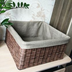 Wicker rectangular basket with natural linen insert, Baskets for dressing room,Storage baskets for cosmetics,custom size