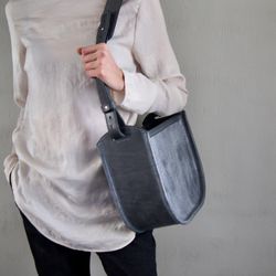 Exclusive Leather shoulder bag with handmade patterned, vintage gray