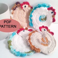 pdf pattern, crochet chicken coaster , 10 x 10 cm, drink, coffee coasters, handmade crochet gift.