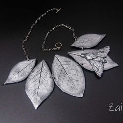 Moth  silver Statement necklace geometrical Bib necklace wearable art contemporary jewelry necklace with leaves