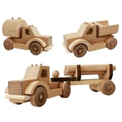 Wooden truck 3 in 1 - log truck, dump truck, car with tank. Montessori baby toys