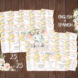 elephant bilingual baby shower games, elefante juegos de baby shower, girl elephant baby shower games bundle bilingual