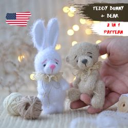 Mini Teddy Amigurumi Easter Bunny & Bear 2 in 1 CROCHET PATTERN PDF, crochet mini bunny and bear dollhouse miniature
