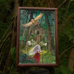 Original fantasy watercolor painting , Vasilisa and Baba Yaga, Witch fantasy art, hut on chicken legs