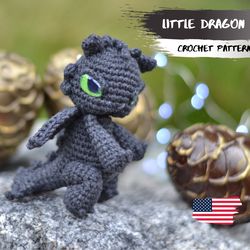 Crochet Dragon PATTERN, miniature amigurumi dragon animal PDF, black Dragon pattern
