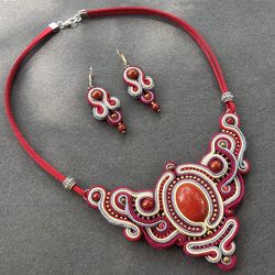 Statement necklace and earrings set, Red Jasper Necklace, Soutache Jewelry set, stone beaded embroidered bohemian