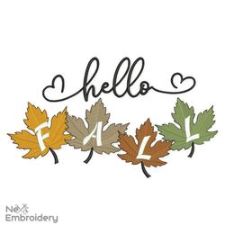 Hello Fall Embroidery Design, Autumn Thanksgiving embroidery designS, Maple Oak Leaves Embroidery