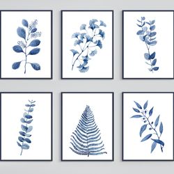 botanical set of 6 blue prints, set of 6 printable wall art, gallery wall set, instant download