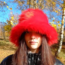 Red faux fur bucket hat. Festival fuzzy neon hat. Red fluffy hat. Rave bucket hat. Bright shaggy hat. Furry bucket hat.