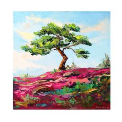 Bright Landscape Oil Painting Pine Tree Painting Original Art Wildflowers Wall Art 12"