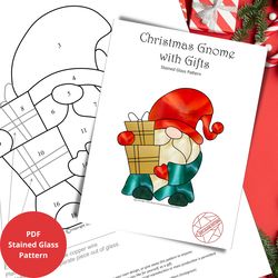 Suncatcher Christmas Gnome and Gifts - Stained Glass Pattern - Digital Download PDF