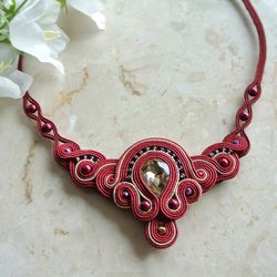 Red Statement Necklace, Burgundy embroidered necklace, Soutache necklace